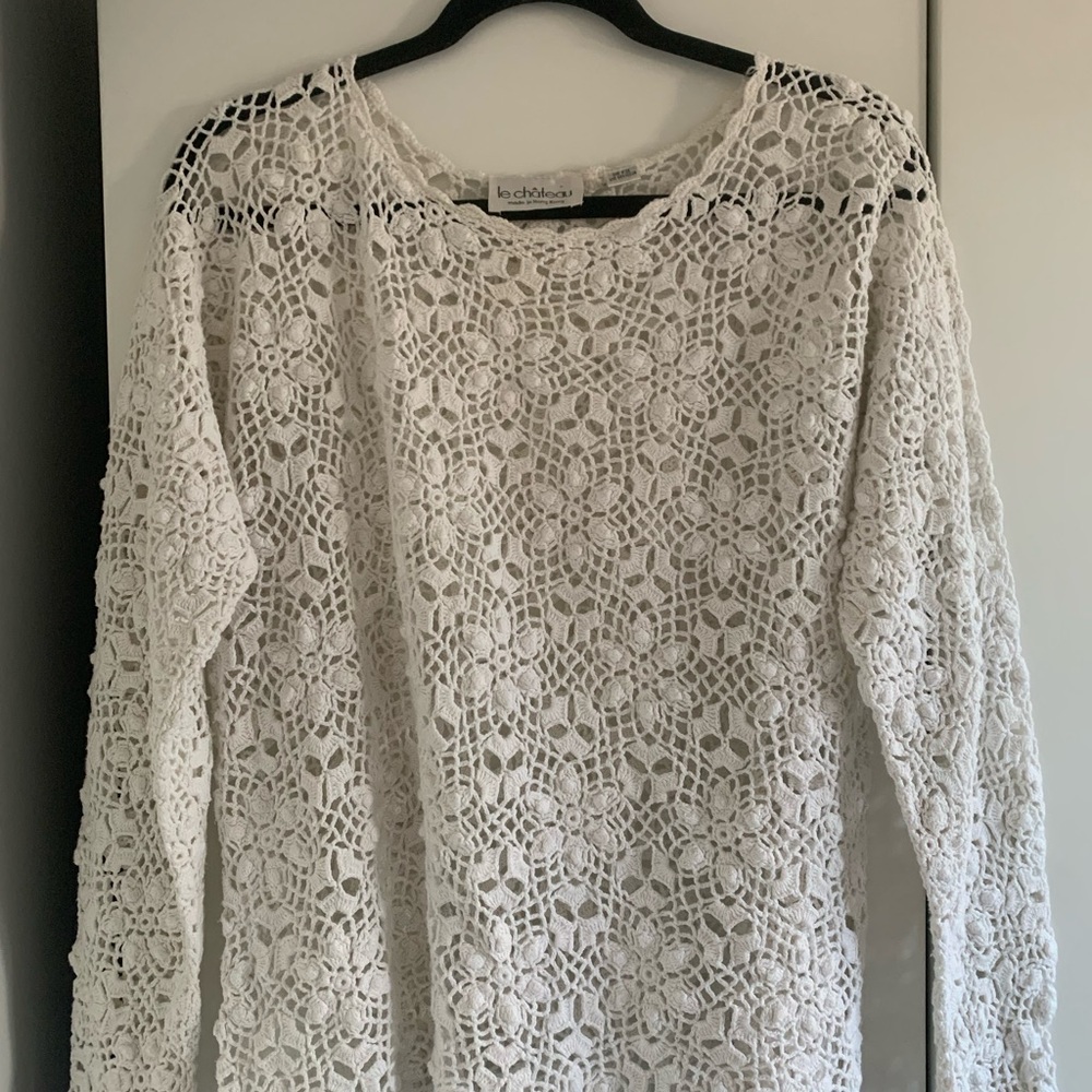 Le Château White Crochet Scoop Neck Knit Top